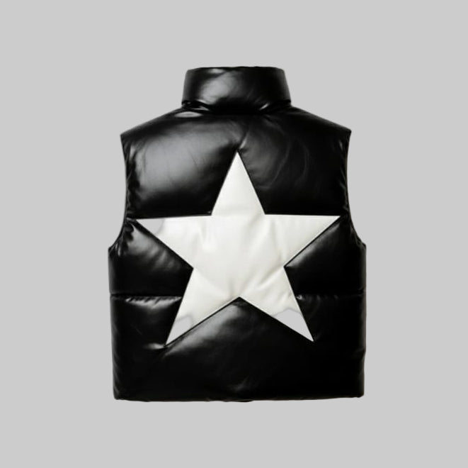 Men's Star Puffer Faux Leather Vest Jacket