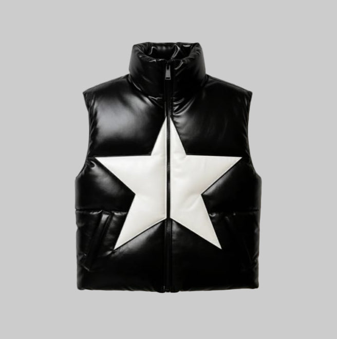 Men's Star Puffer Faux Leather Vest Jacket