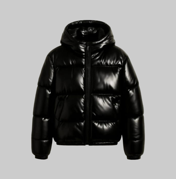 Men's Puffer Hoodie Faux Leather Jacket