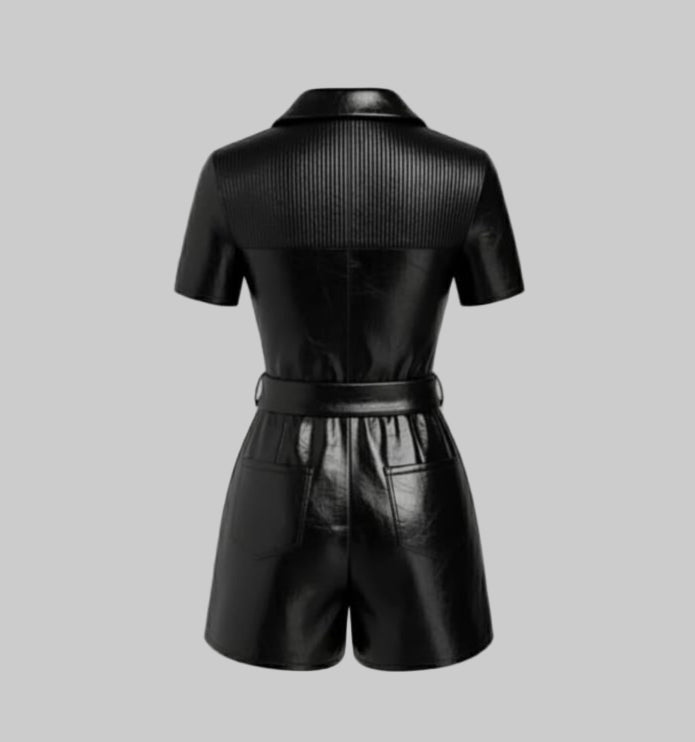 Women's Stylish Half Jumpsuit Faux Leather Dress