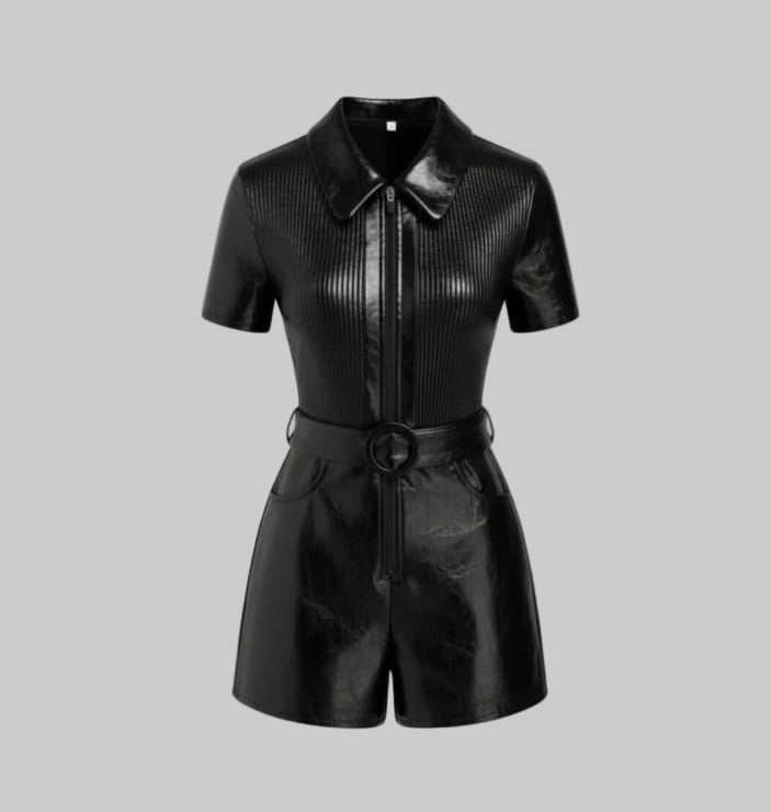 Women's Stylish Half Jumpsuit Faux Leather Dress
