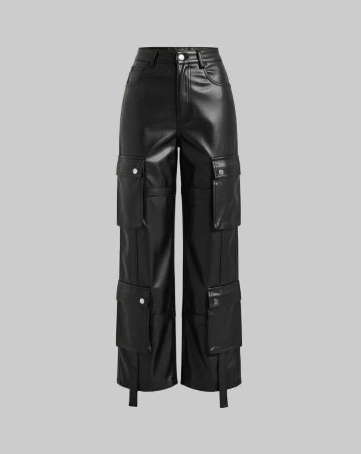 Unisex Multiple pockets Cargo Faux Leather pant