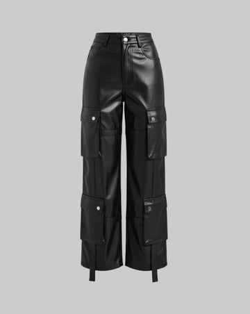 Unisex Multiple pockets Cargo Faux Leather pant