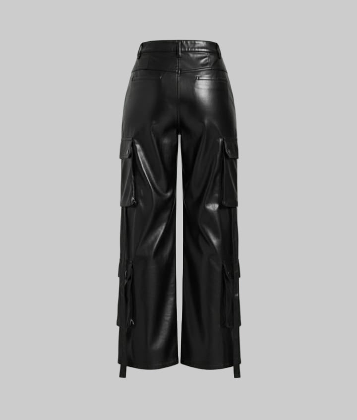 Unisex Multiple pockets Cargo Faux Leather pant