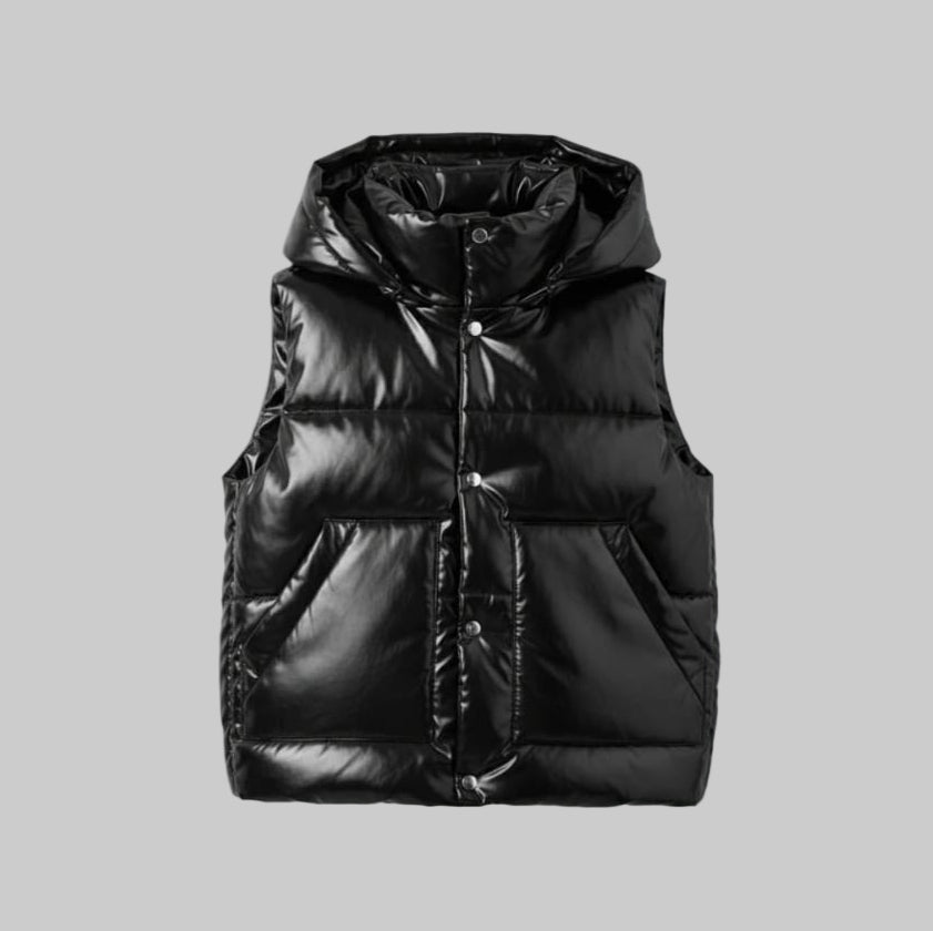 Men's Puffer Hooded Faux Leather Vest Jacket