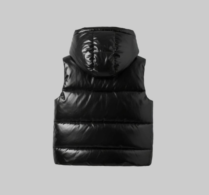 Men's Puffer Hooded Faux Leather Vest Jacket