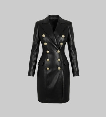 Women's Stylish Golden Button Faux Leather Coat Dress