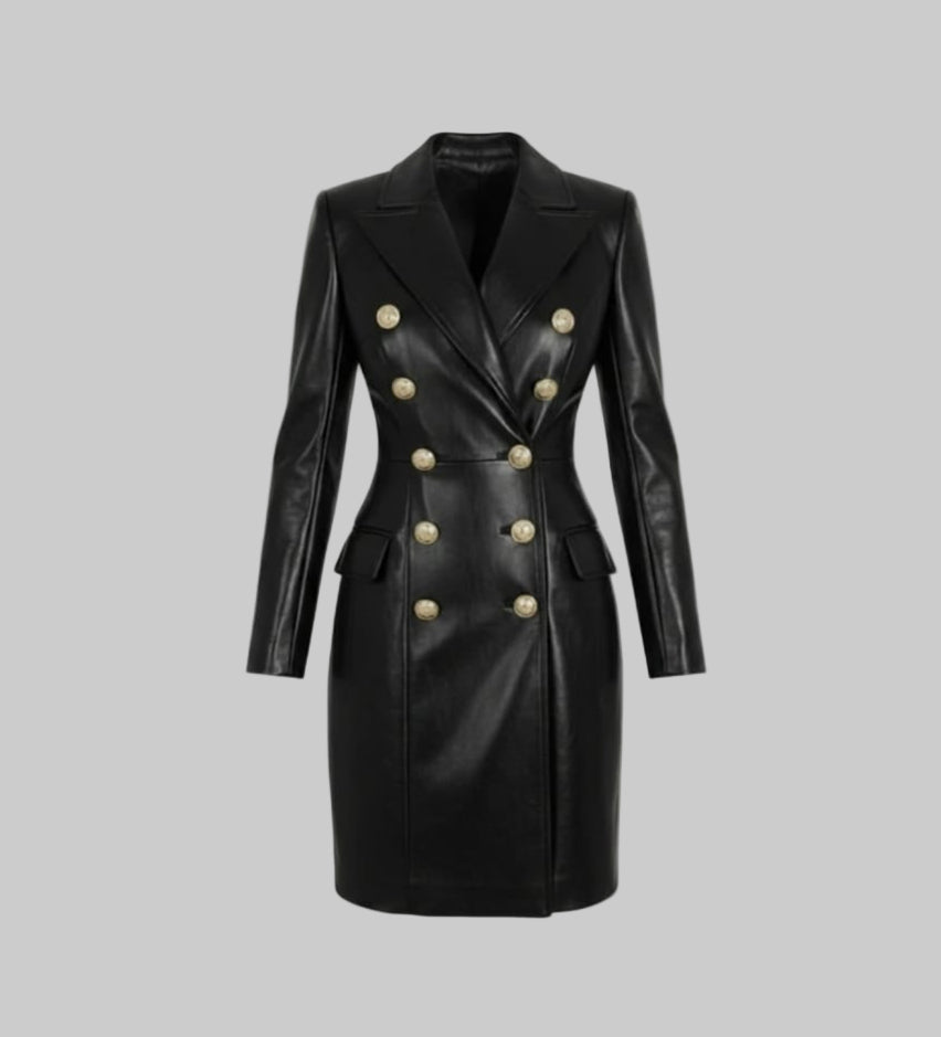 Women's Stylish Golden Button Faux Leather Coat Dress