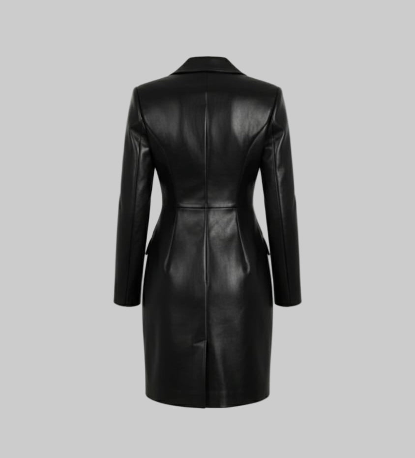Women's Stylish Golden Button Faux Leather Coat Dress
