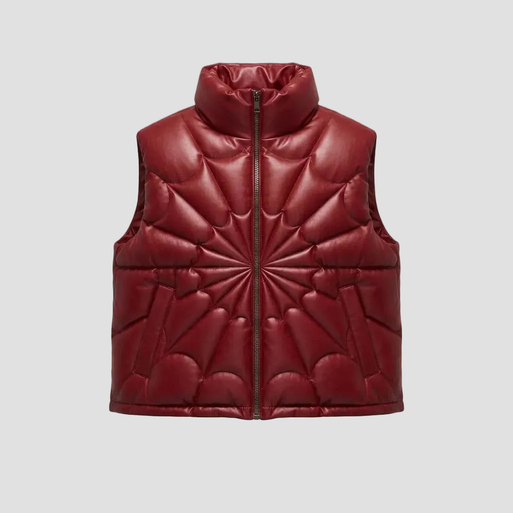 Men's Stylish Spider Puffer Faux Leather Vest Jacket