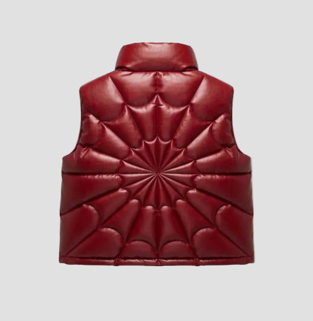 Men's Stylish Spider Puffer Faux Leather Vest Jacket