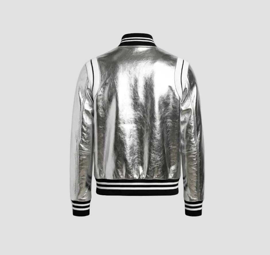 Men's metallic Silver Faux Leather Varsity Jacket