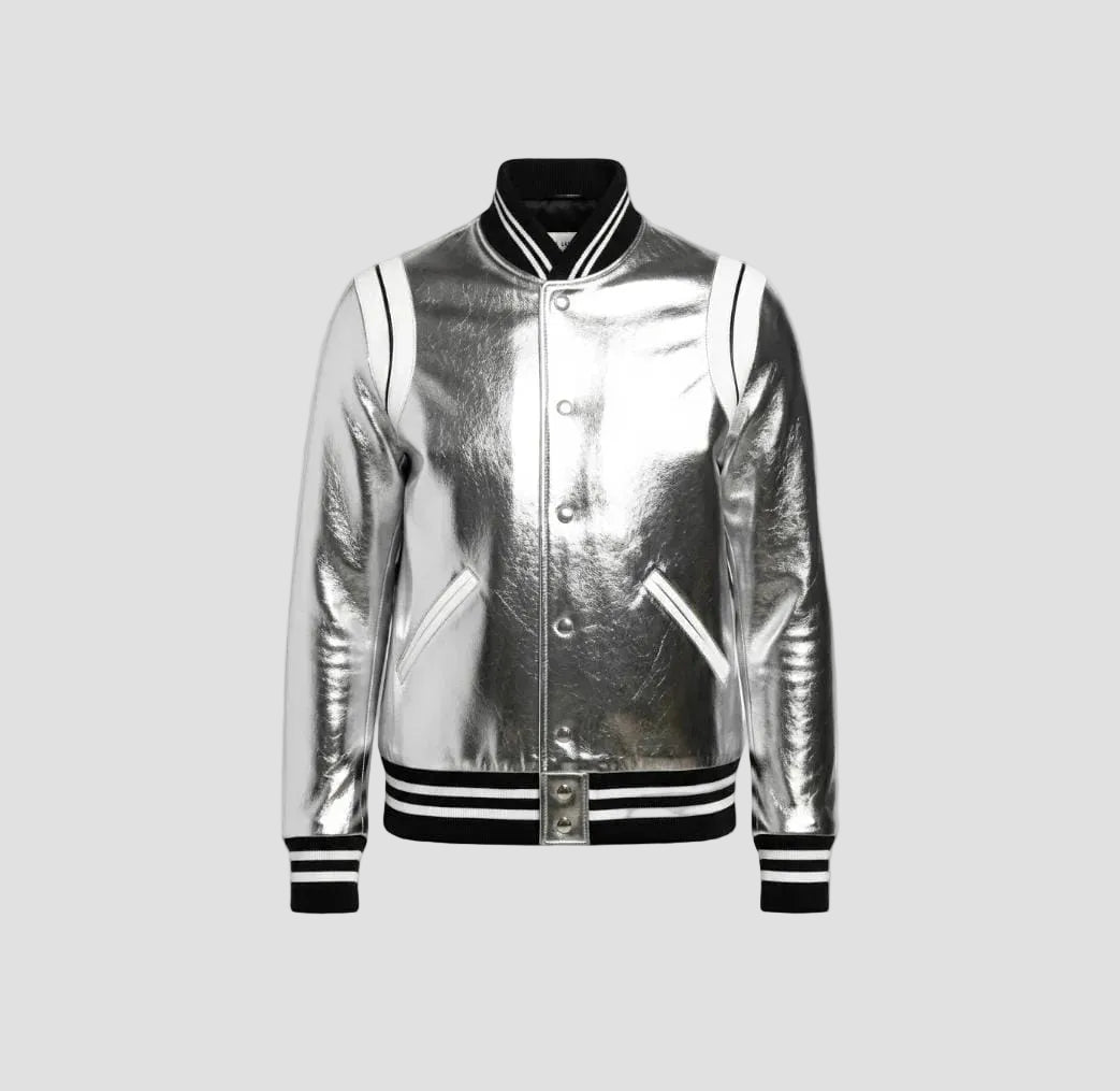 Men's metallic Silver Faux Leather Varsity Jacket